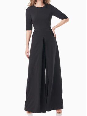 Kay Unger Sabine Wide Leg Jumpsuit Black Size 10 Crepe Minimalist Designer